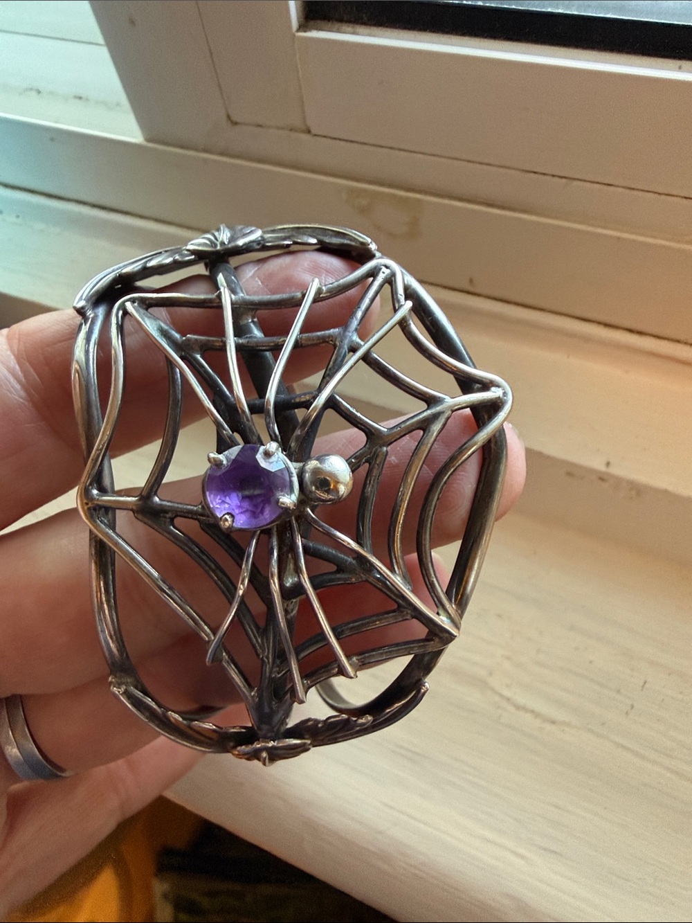 Sterling silver spiderweb cuff bracelet with amethyst